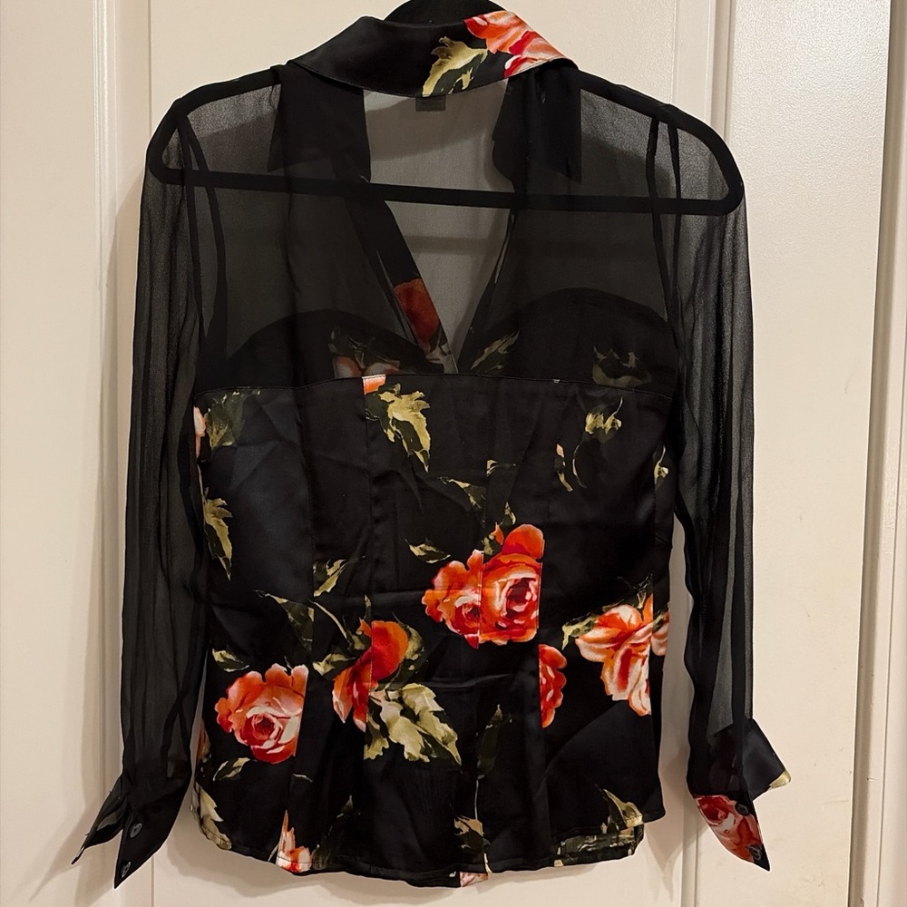 Cache Silk Black Sheer Blouse with Red Floral Design - Picture 3 of 5